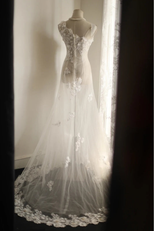 Sexy Mermaid Tulle One Shoulder Applique Wedding Dress RF0411