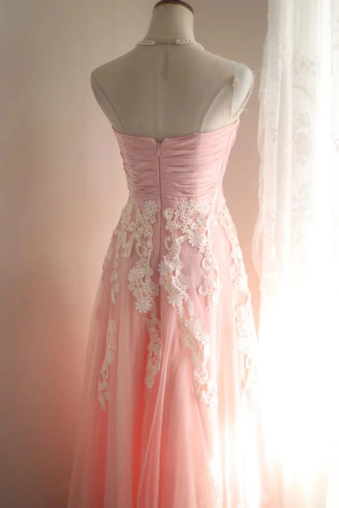 Sweet Pink Satin Lace Strapsless Applique A-Line Evening Dress Wedding Dress RF0414