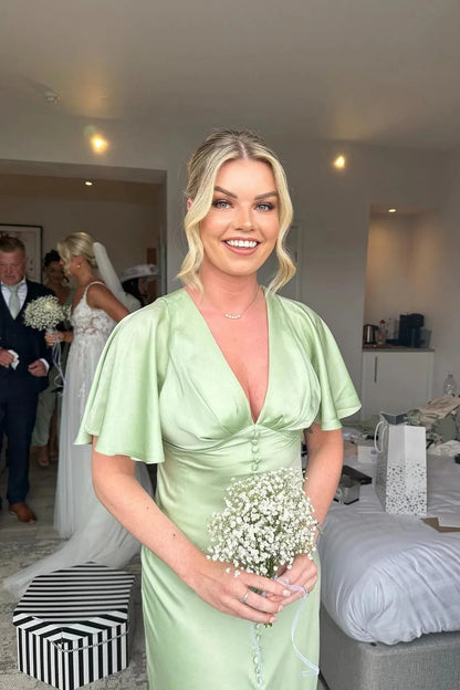 Simple Sheath V Neck Light Green Satin Bridesmaid Dresses RF0416