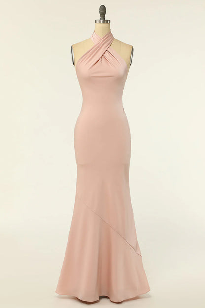 Mermaid Blush Pink Halter  Open Back Satin Long Bridesmaid Dress RF0419
