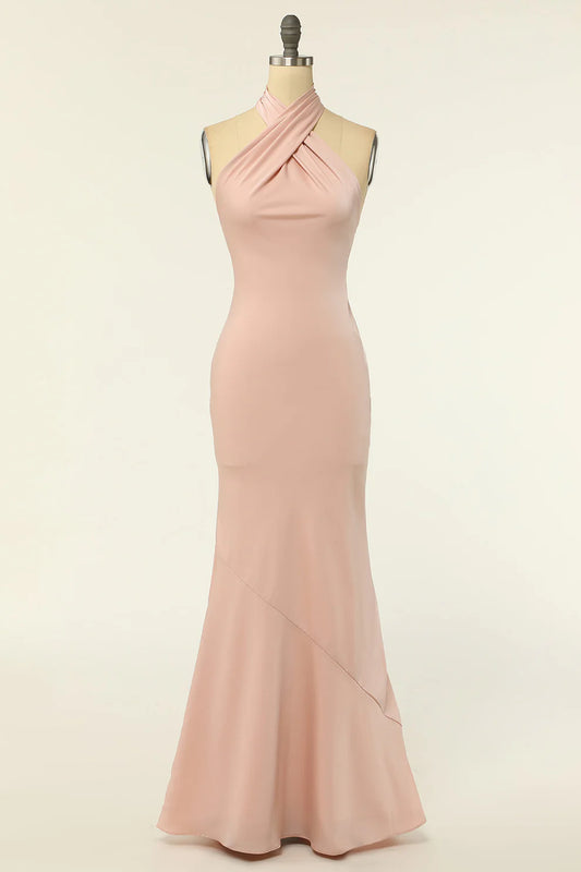 Mermaid Blush Pink Halter  Open Back Satin Long Bridesmaid Dress RF0419