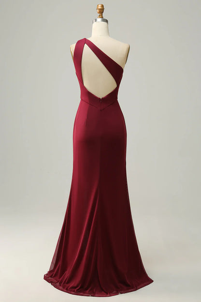 Mermaid One-Shoulder Burgundy Pleated Bridesmaid Dress RF0420