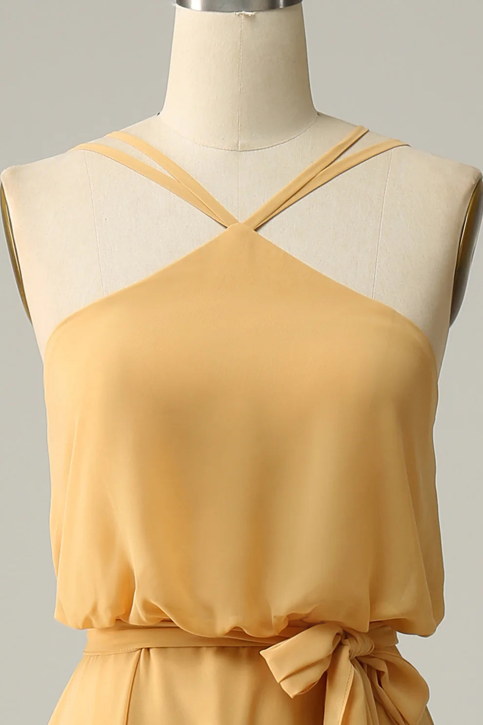 Chiffon Sheath Yellow Halter Long Bridesmaid Dress with Belt RF0421