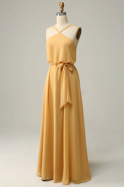 Chiffon Sheath Yellow Halter Long Bridesmaid Dress with Belt RF0421
