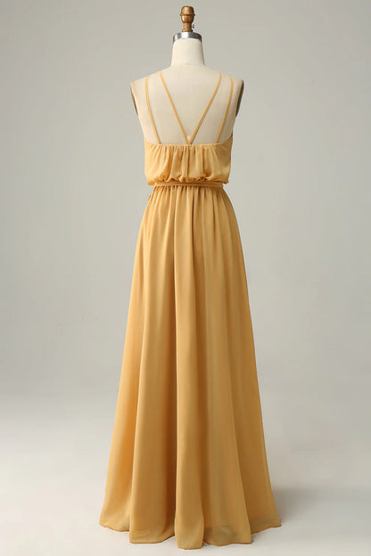 Chiffon Sheath Yellow Halter Long Bridesmaid Dress with Belt RF0421
