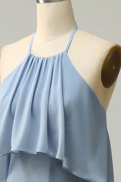 Halter Dusty Blue Bohemian Chiffon Bridesmaid Dress RF0422