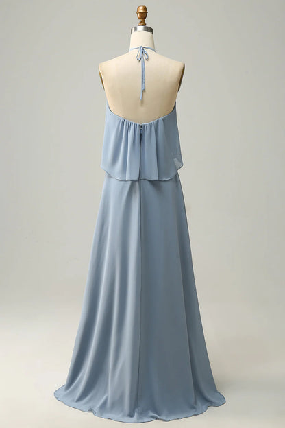 Halter Dusty Blue Bohemian Chiffon Bridesmaid Dress RF0422