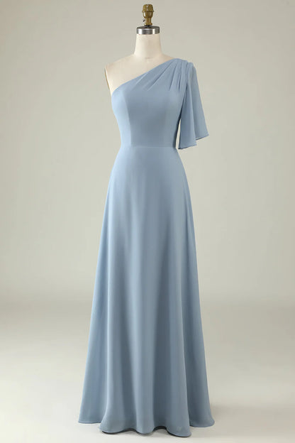 Dusty Blue One-Shoulder Chiffon Bridesmaid Dress RF0423