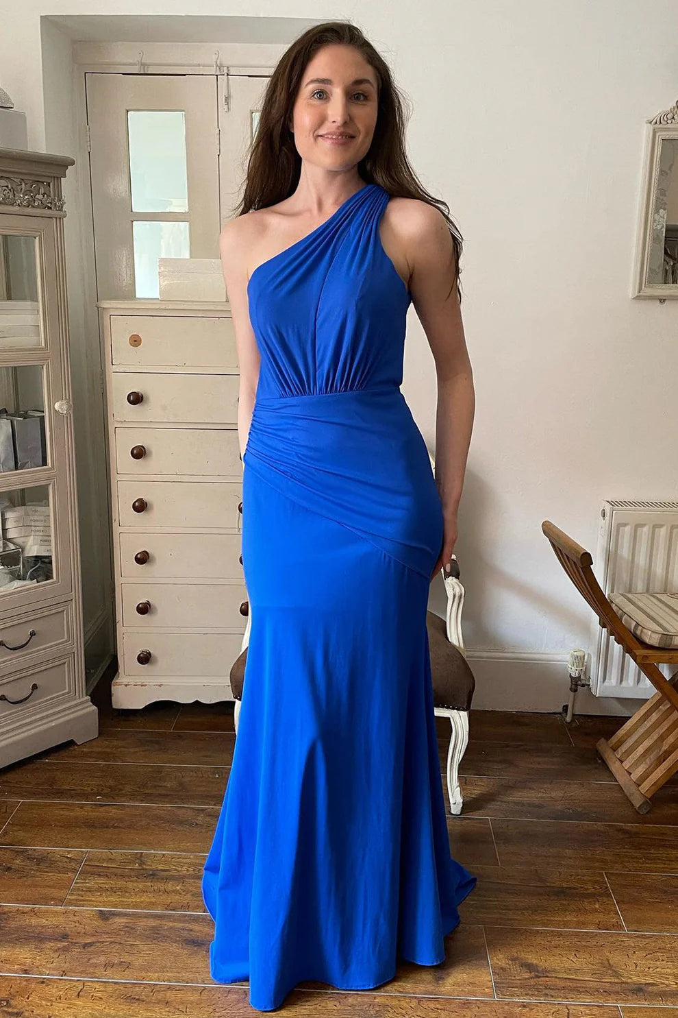 Pleated One Shoulder Royal Blue Mermaid Bridesmaid Dress RF0425