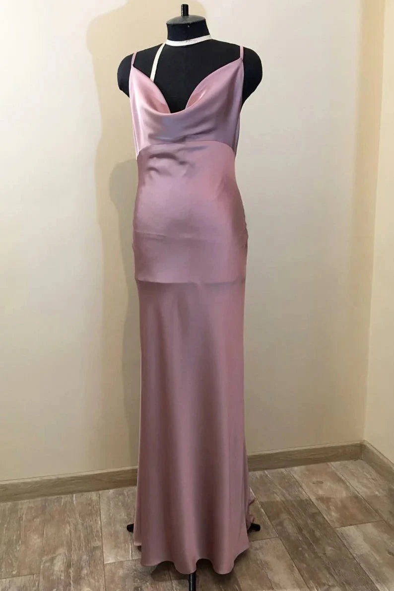 Dusty Purple  Satin Long Cowl Neck Bridesmaid Dress with Slit RF0426