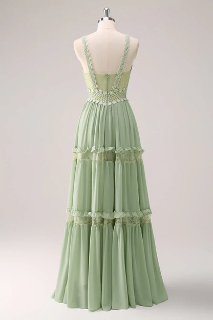 Green Ruffled Floral A-Line Spaghetti Straps Bridesmaid Dress with Lace RF0427