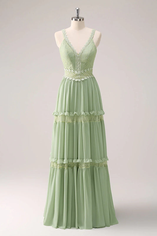 Green Ruffled Floral A-Line Spaghetti Straps Bridesmaid Dress with Lace RF0427
