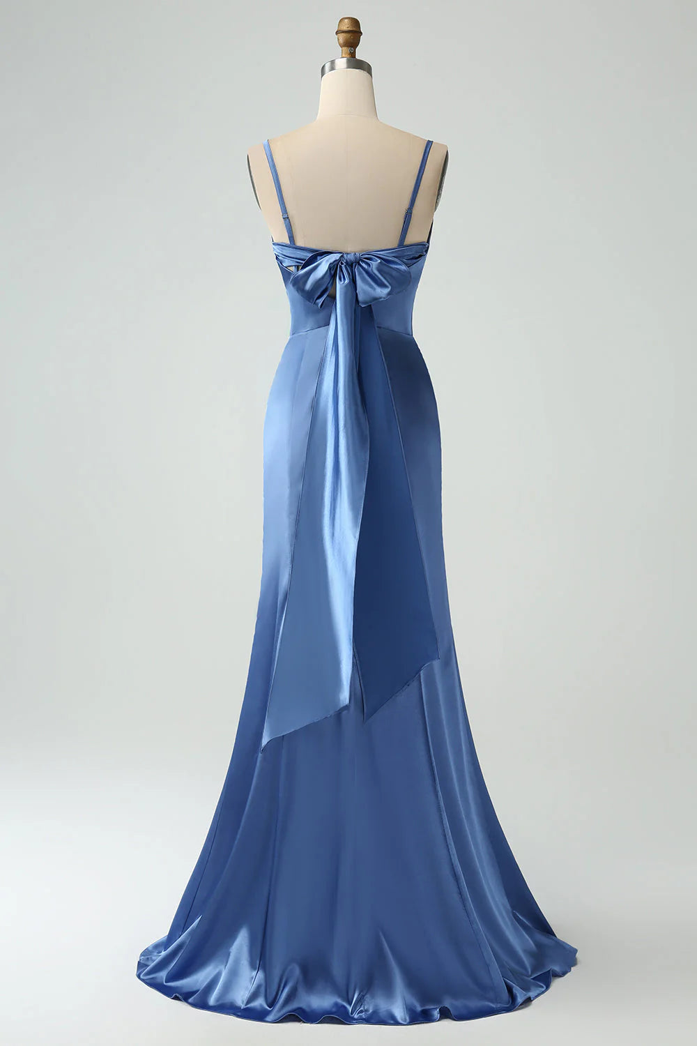 Grey Blue Mermaid Spaghetti Straps Long Satin Bridesmaid Dress with Slit RF0429