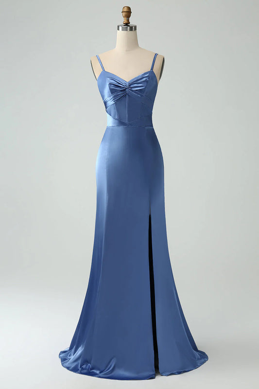 Grey Blue Mermaid Spaghetti Straps Long Satin Bridesmaid Dress with Slit RF0429