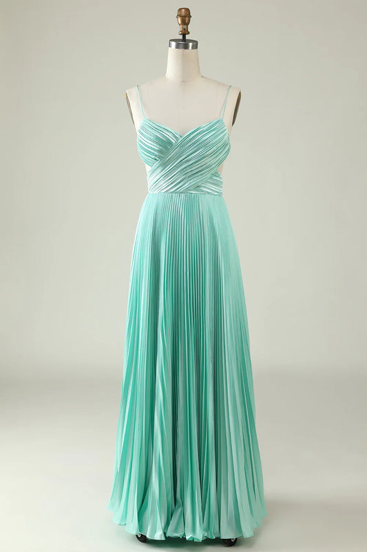 Light Green Spaghetti Straps A-Line Backless Pleated Long Bridesmaid Dress RF0430