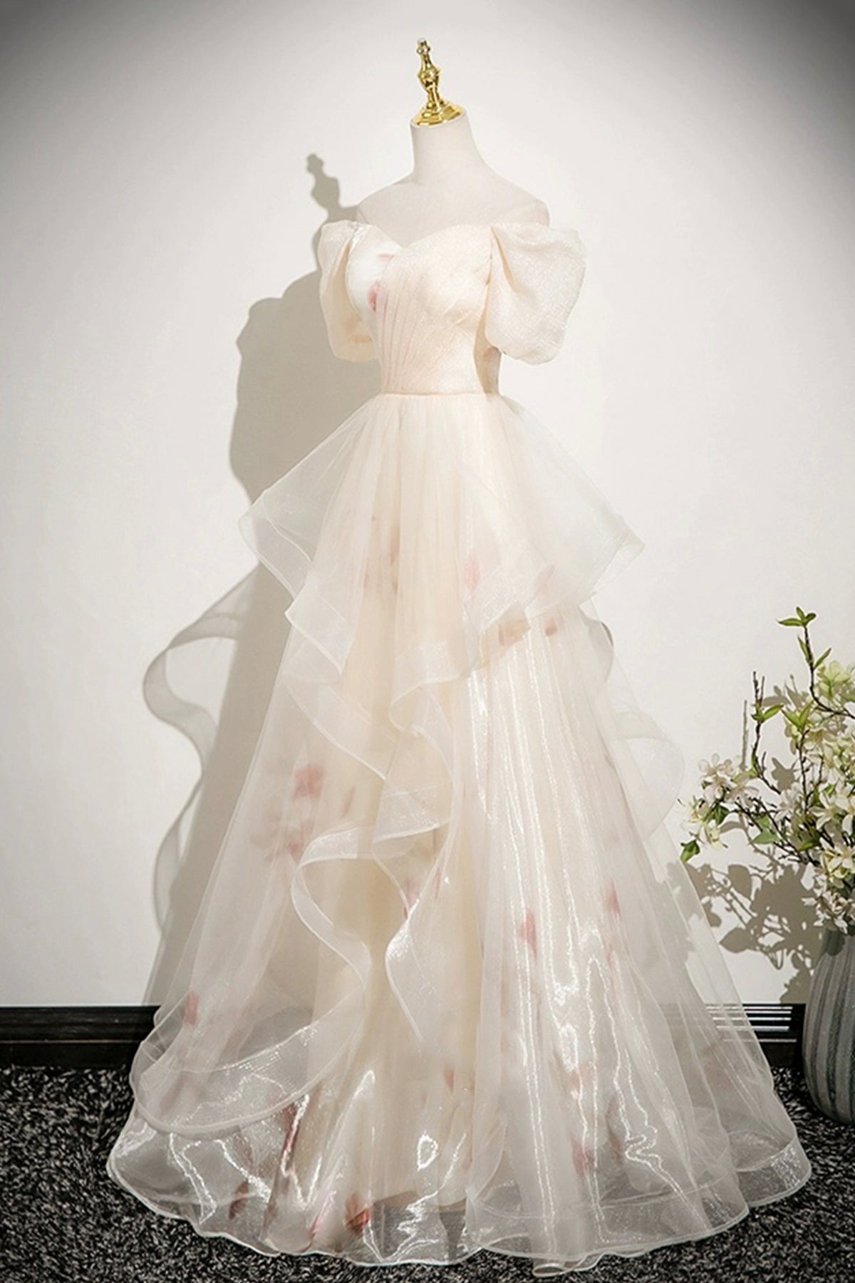 Champagne Tulle Printed Long Prom Dress, Beautiful A-line Evening Dress  - RF0436