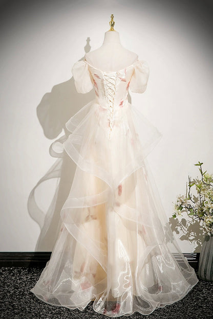 Champagne Tulle Printed Long Prom Dress, Beautiful A-line Evening Dress  - RF0436