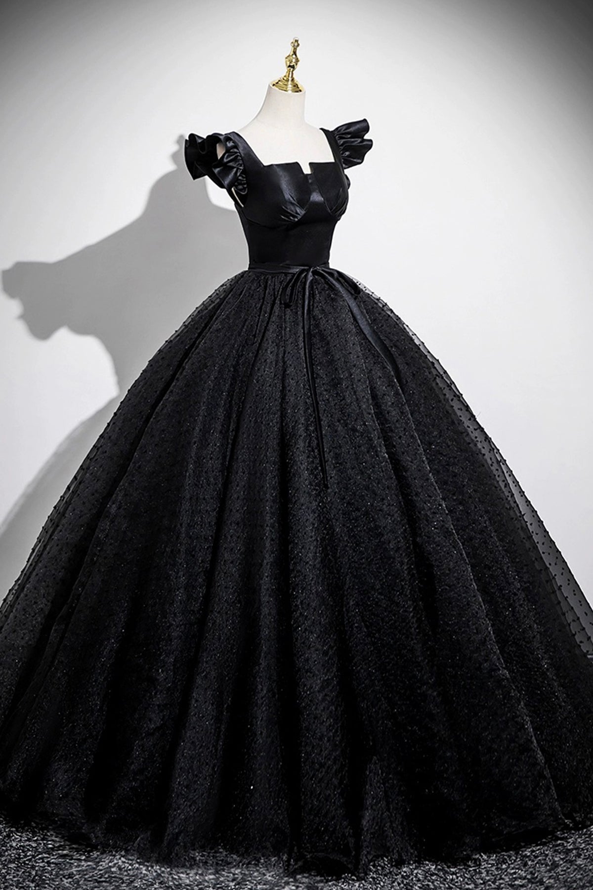 Black Satin Tulle Long A-Line Prom Dress Elegant Square Neck Formal Evening Dresses- RF0439