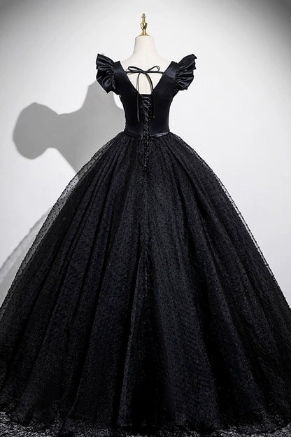Black Satin Tulle Long A-Line Prom Dress Elegant Square Neck Formal Evening Dresses- RF0439