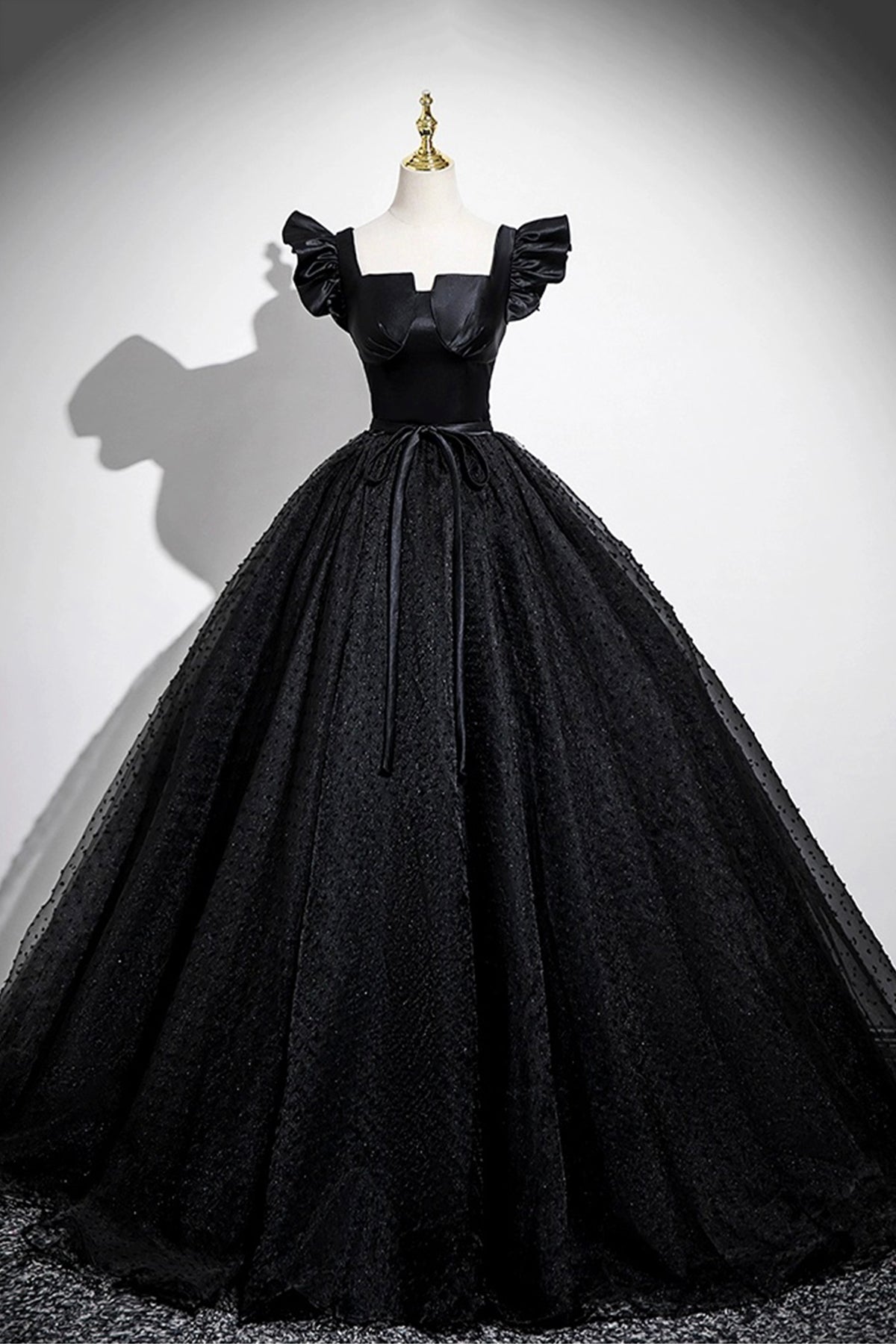 Black Satin Tulle Long A-Line Prom Dress Elegant Square Neck Formal Evening Dresses- RF0439