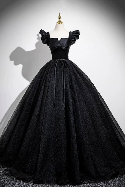 Black Satin Tulle Long A-Line Prom Dress Elegant Square Neck Formal Evening Dresses- RF0439