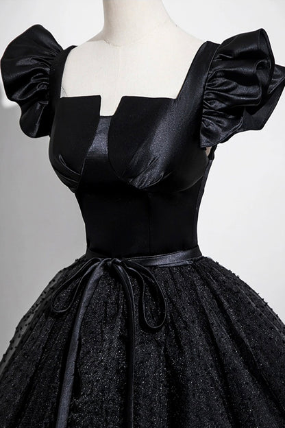 Black Satin Tulle Long A-Line Prom Dress Elegant Square Neck Formal Evening Dresses- RF0439