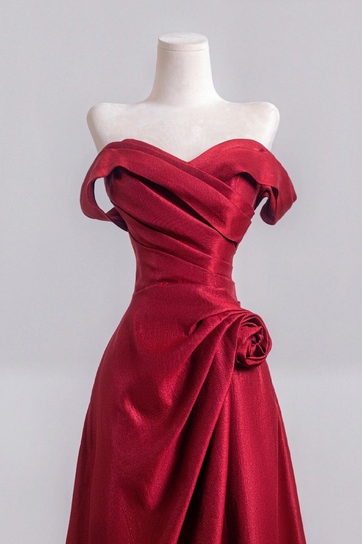 Burgundy Satin Elegant Long Prom Dress, Off the Shoulder A-Line Evening Dress - RF0440