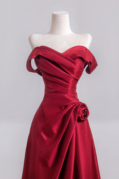 Burgundy Satin Elegant Long Prom Dress, Off the Shoulder A-Line Evening Dress - RF0440