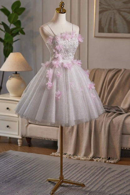 White Tulle and Pink Fowers Short A-Line Prom Party Dress - RF0441