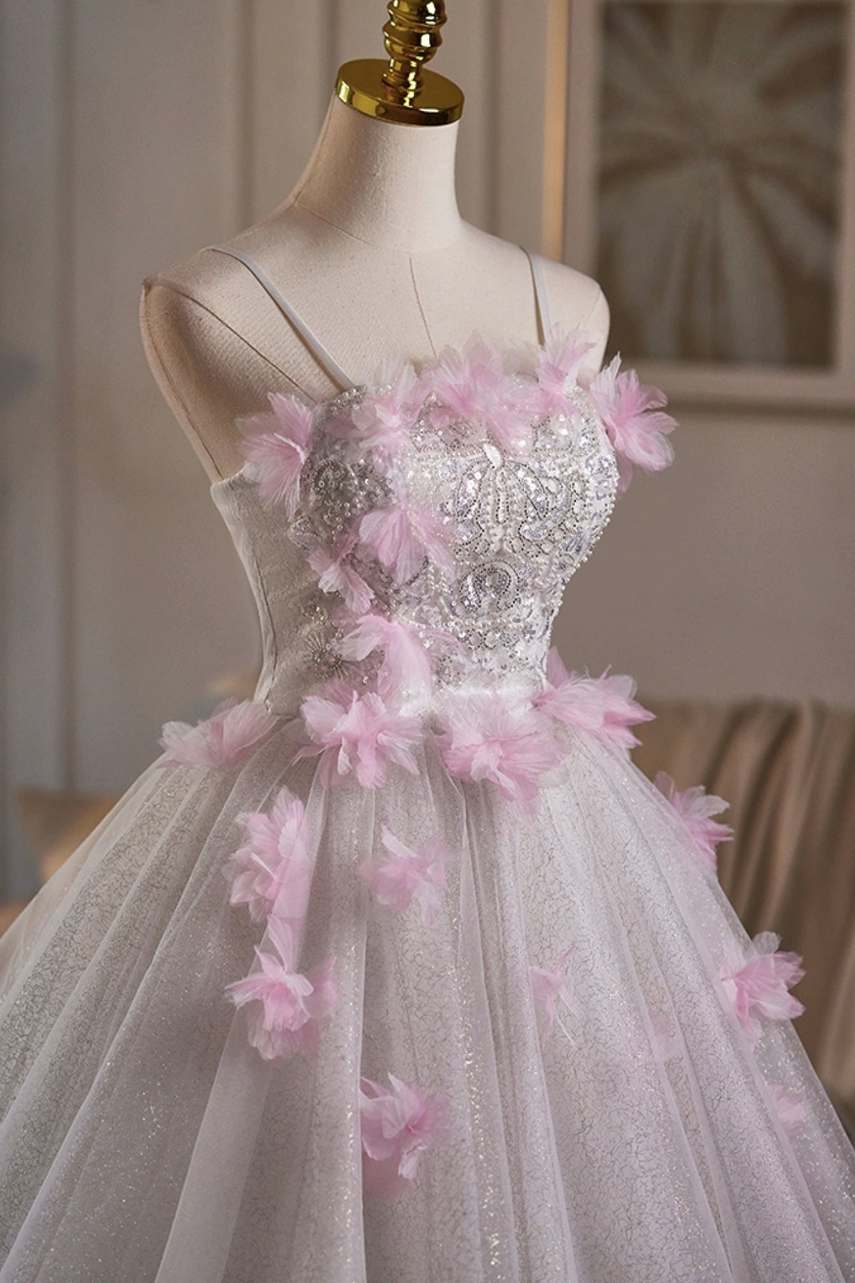 White Tulle and Pink Fowers Short A-Line Prom Party Dress - RF0441
