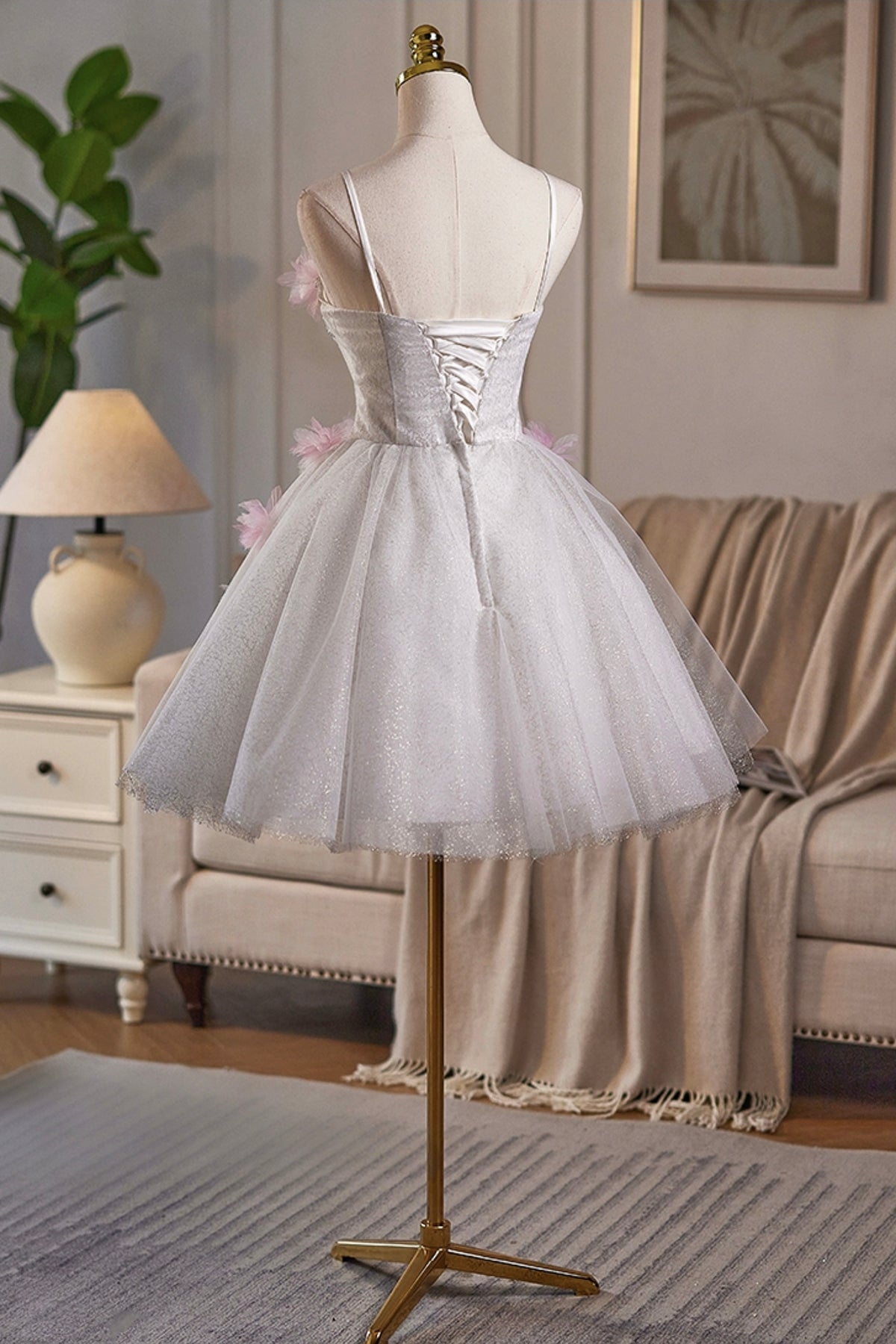 White Tulle and Pink Fowers Short A-Line Prom Party Dress - RF0441