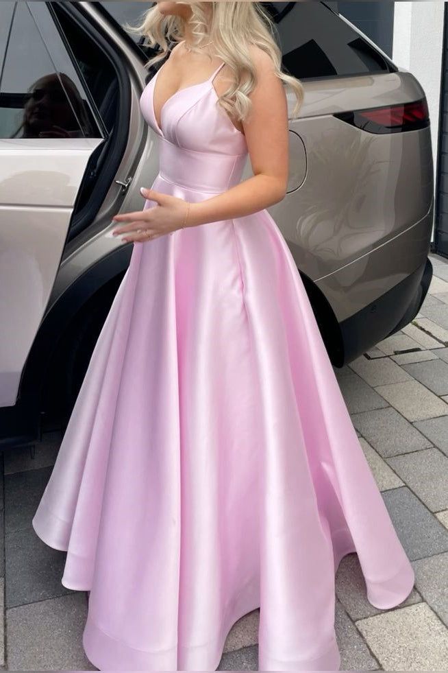 Pink V-neck Satin A-Line Spaghetti Straps Bridesmaid Dress Ball Dress- RF0449