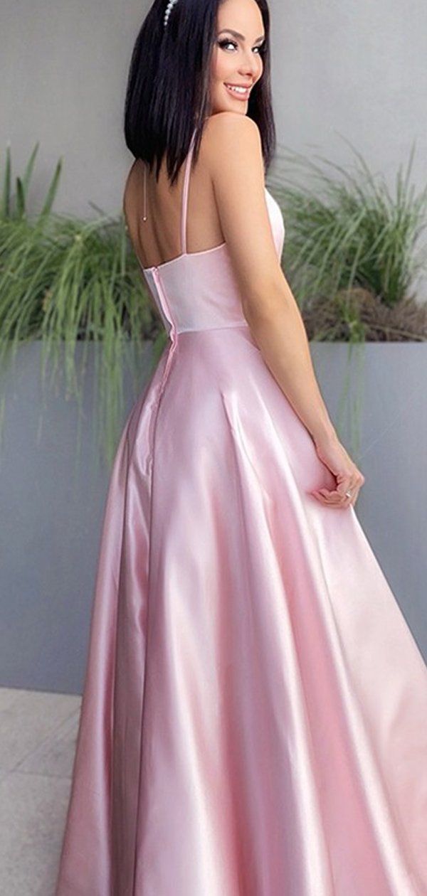 Pink V-neck Satin A-Line Spaghetti Straps Bridesmaid Dress Ball Dress- RF0449