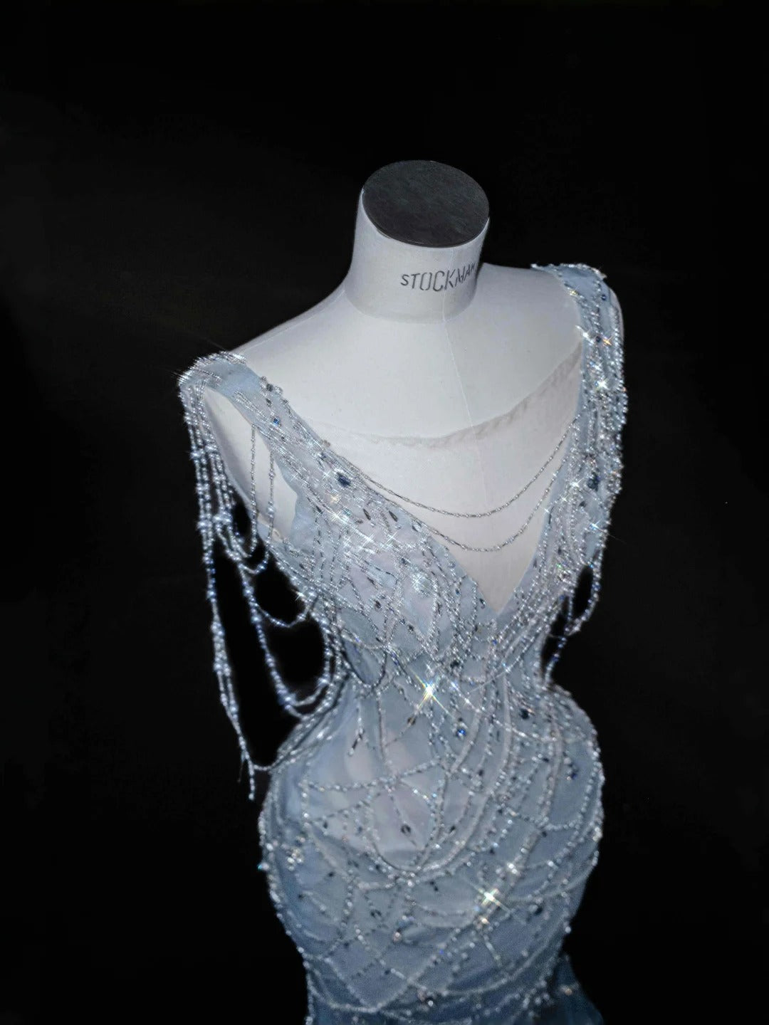 Elegant Ice Blue Tulle Beaded Mermaid V Neck Prom Dresses Formal Evening Dresses- RF0520