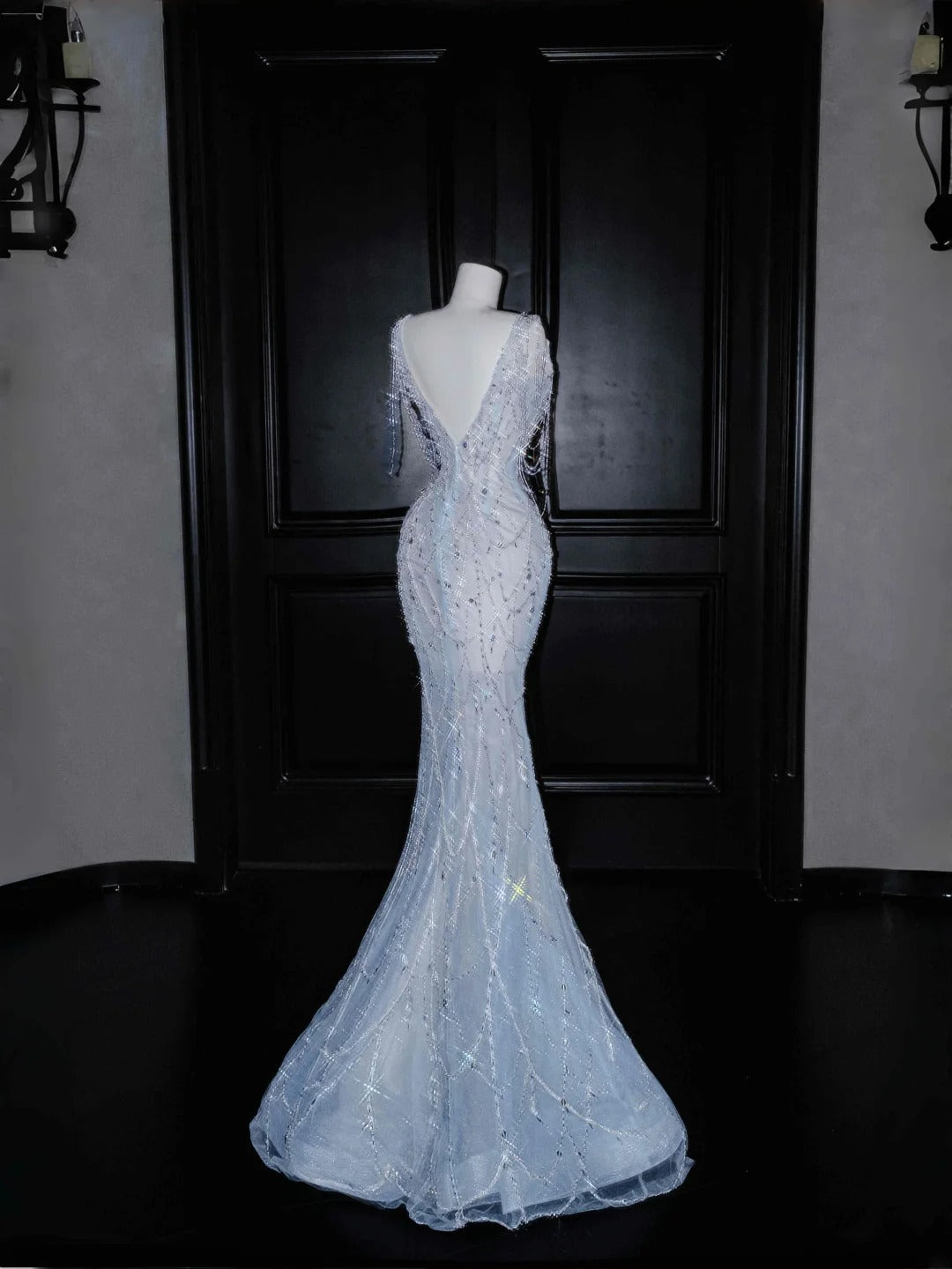 Elegant Ice Blue Tulle Beaded Mermaid V Neck Prom Dresses Formal Evening Dresses- RF0520