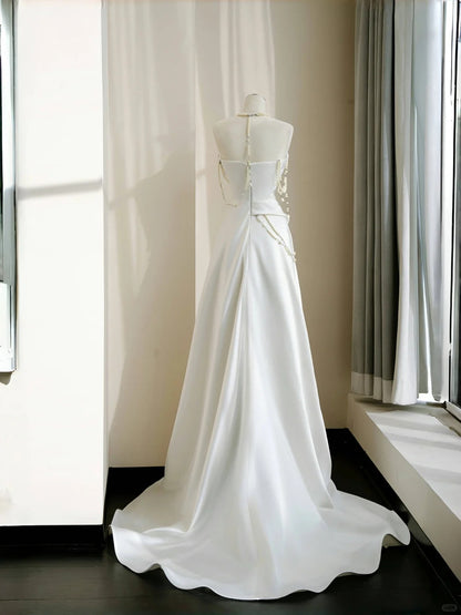 Elegant White Strapless Satin Mermaid Long Prom Dresses Pearl Wedding Dress- RF0453