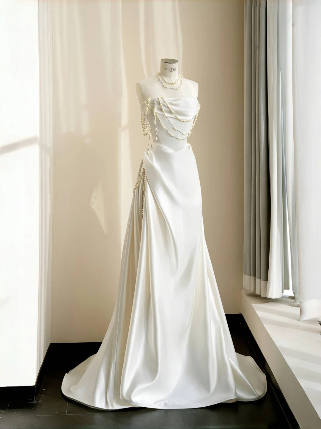 Elegant White Strapless Satin Mermaid Long Prom Dresses Pearl Wedding Dress- RF0453
