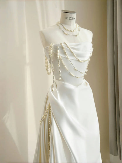 Elegant White Strapless Satin Mermaid Long Prom Dresses Pearl Wedding Dress- RF0453