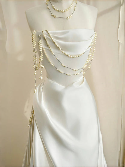 Elegant White Strapless Satin Mermaid Long Prom Dresses Pearl Wedding Dress- RF0453