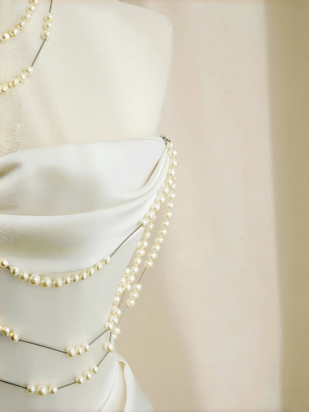 Elegant White Strapless Satin Mermaid Long Prom Dresses Pearl Wedding Dress- RF0453