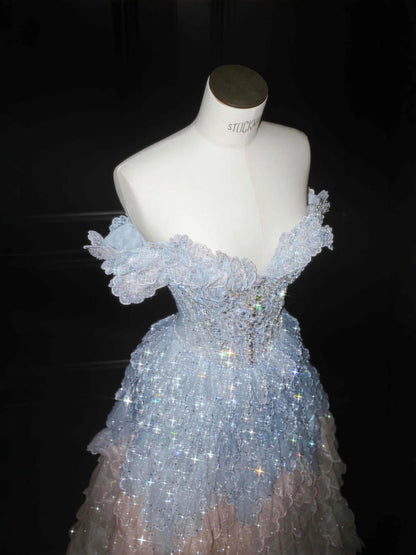 Sweet Gradient Off-the-shoulder A-Line Tulle Long Prom Dresses Sparkling Beaded Evening Dress- RF0454