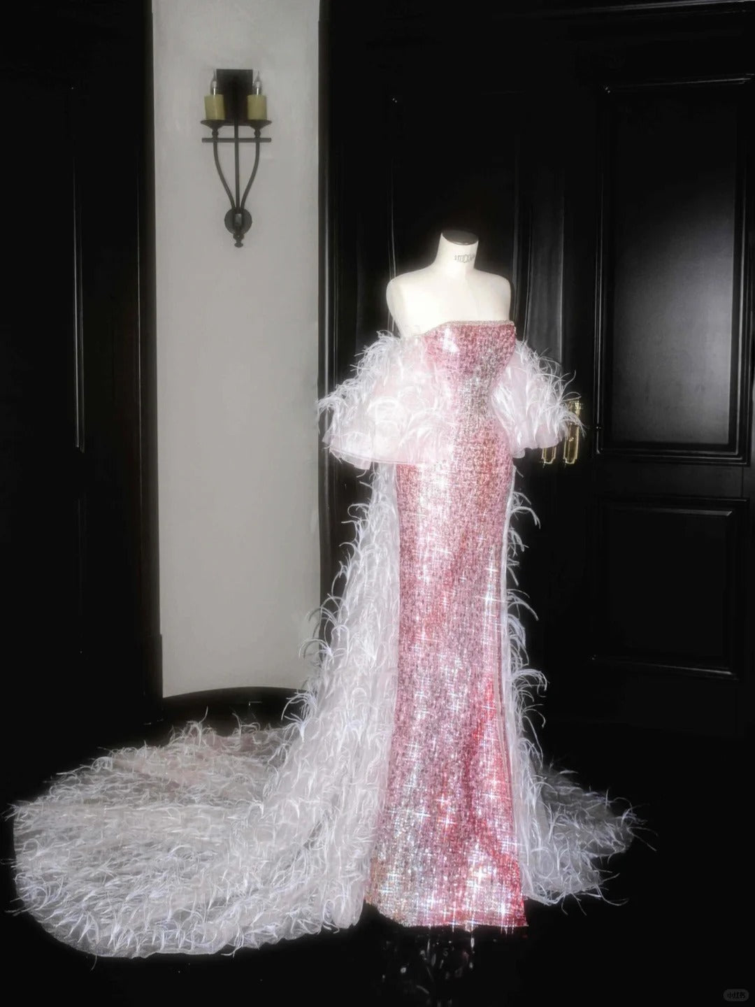 Beautiful Pink Strapless Sequin Sheath Prom Dresses Stunning Evening Dress with Train- RF0456