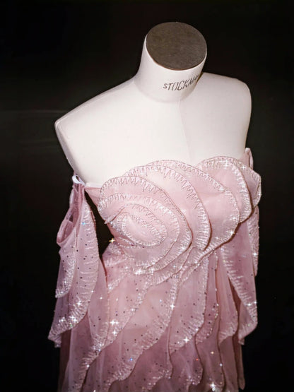 Pink Gorgeous Strapless Tulle Sequined A-Line Prom Dresses Sweet Evening Dress- RF0457