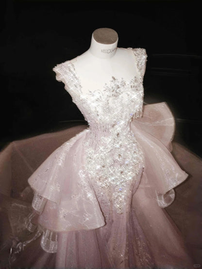 Sexy Square Neck Sequins Tulle Mermaid Diamond Prom Dresses with Train Formal Evening Dresses- RF0458