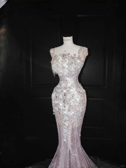 Sexy Square Neck Sequins Tulle Mermaid Diamond Prom Dresses with Train Formal Evening Dresses- RF0458