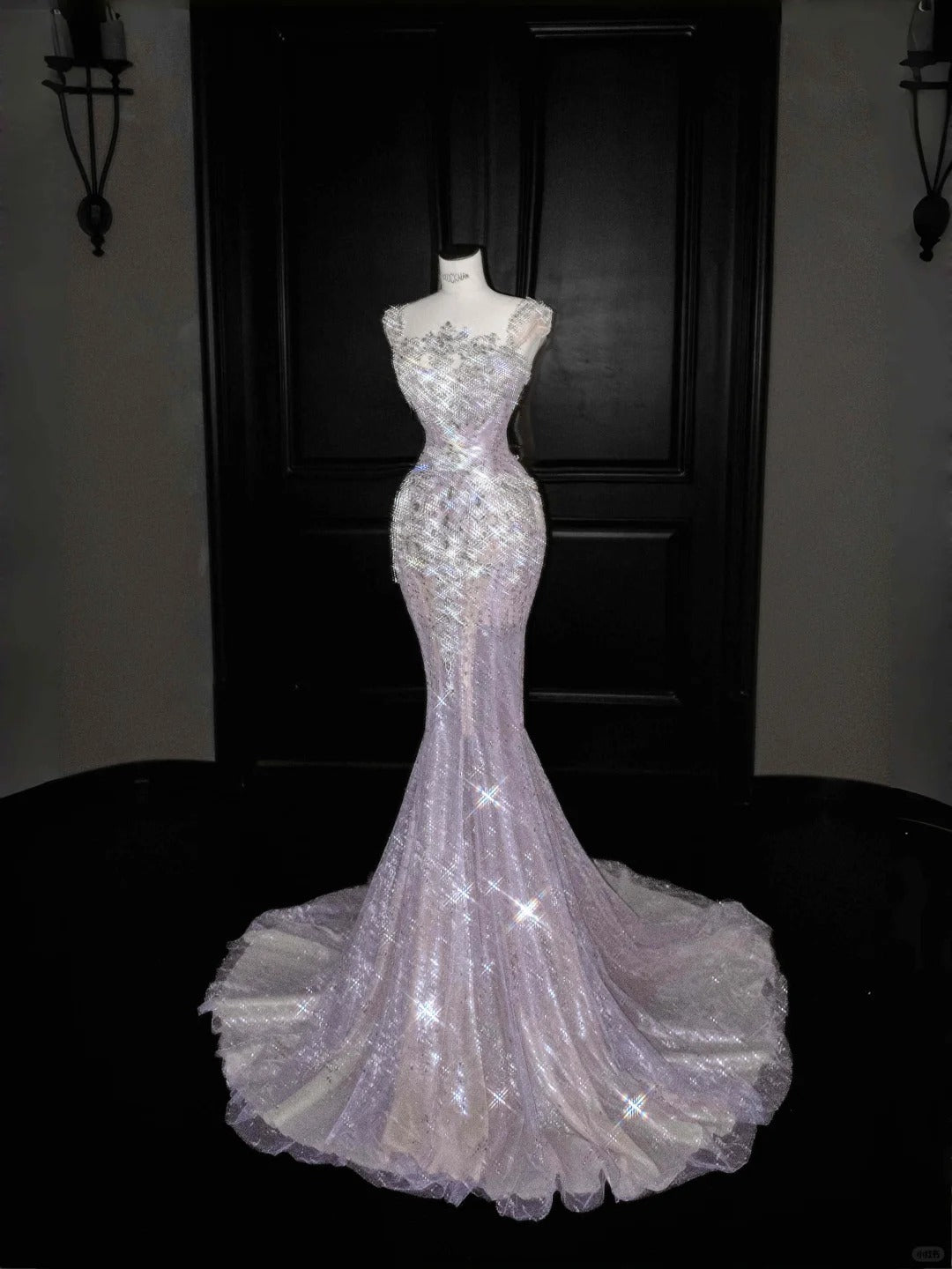 Sexy Square Neck Sequins Tulle Mermaid Diamond Prom Dresses with Train Formal Evening Dresses- RF0458