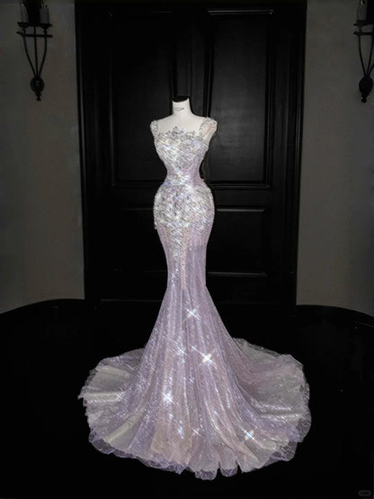 Sexy Square Neck Sequins Tulle Mermaid Diamond Prom Dresses with Train Formal Evening Dresses- RF0458