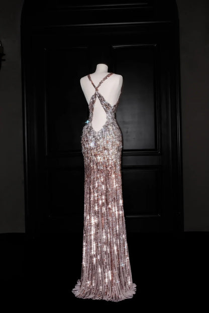 Sparkling Backless Deep V Neck Sequined Sheath Prom Dress Charming Evening Dress- RF0463