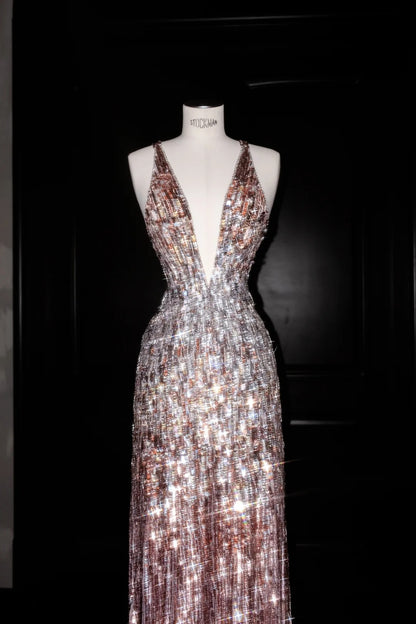 Sparkling Backless Deep V Neck Sequined Sheath Prom Dress Charming Evening Dress- RF0463