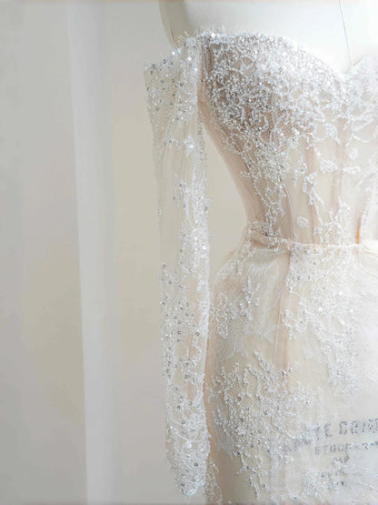 Elegant White Lace Sequin Mermaid Wedding Dress Charming Sweetheart Long Sleeves Evening Dress- RF0472